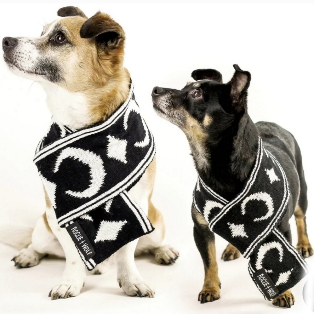 Rogue + Wolf ✦ “Moon Pupper” Knit Pet Scarf ✦ Black Vegan Yarn Celestial Print
